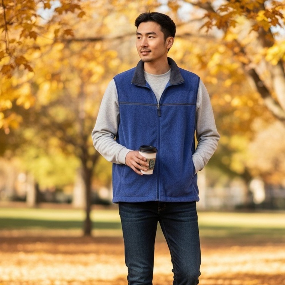 R&R Sport Fleece Vest Mens 2XL Blue Good Full Zip Mock Neck Pockets